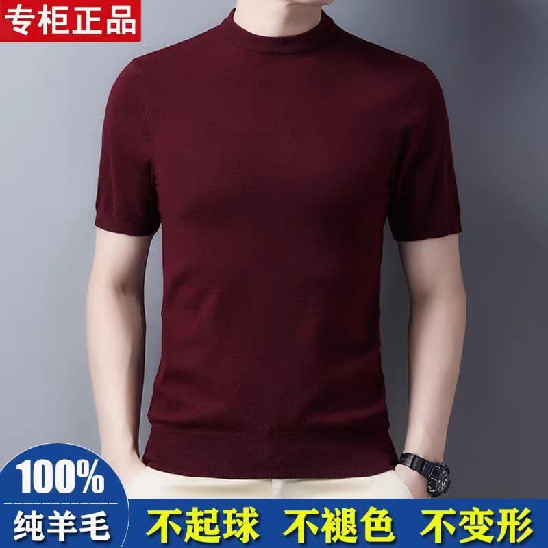 Autumn/Winter Short-Sleeve Wool Sweater for Young and Middle-Aged Men, Half High Neck Casual Knit Top, Thin Base Layer