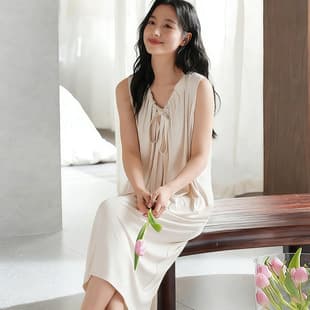 Modal Women's Summer Nightgown with Built-in Bra, Thin Sleeveless Vest, Sexy Plus Size Mid-Length Loungewear