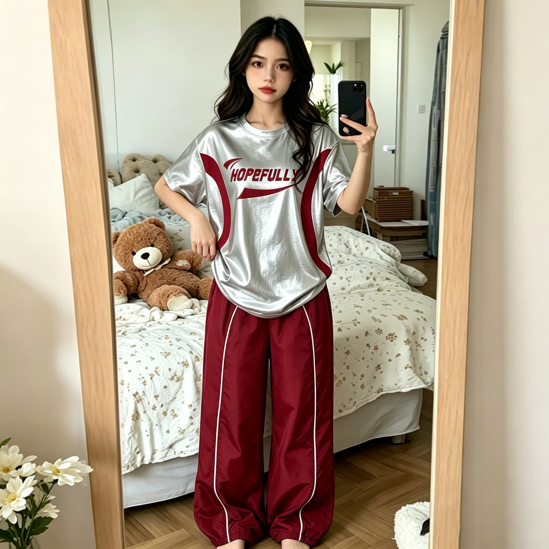 Girls' Summer Set Loose Sporty Metallic Silver T-Shirt Teen Casual Wide Leg Pants Two-Piece Set