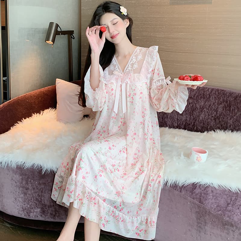 Linglei spring and autumn floral lace bow mesh palace princess style mid-length nightgown pajamas home wear for women