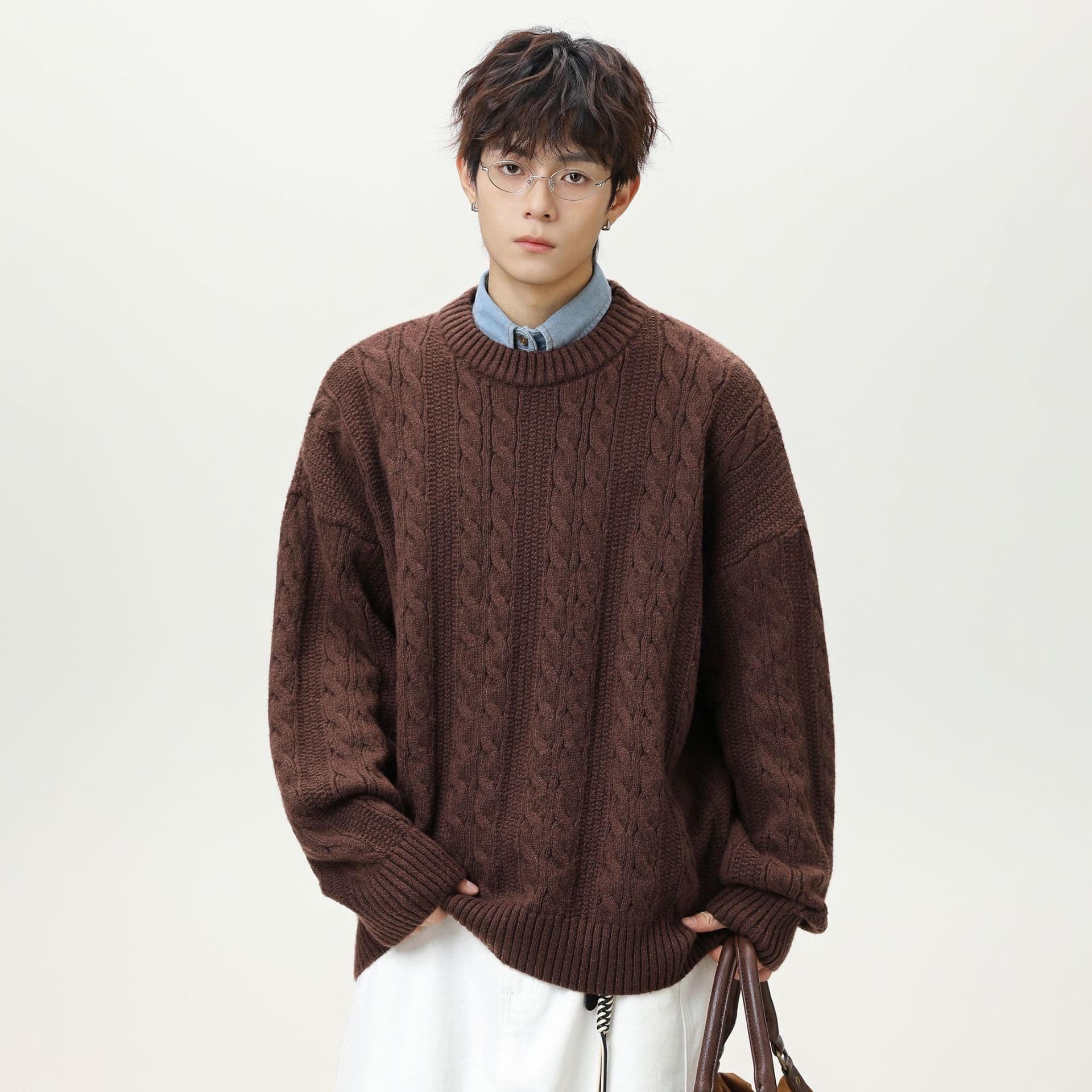 Trendy brand retro cable knit round neck sweater men autumn/winter new style heavyweight thickened solid color pullover knitwear jacket