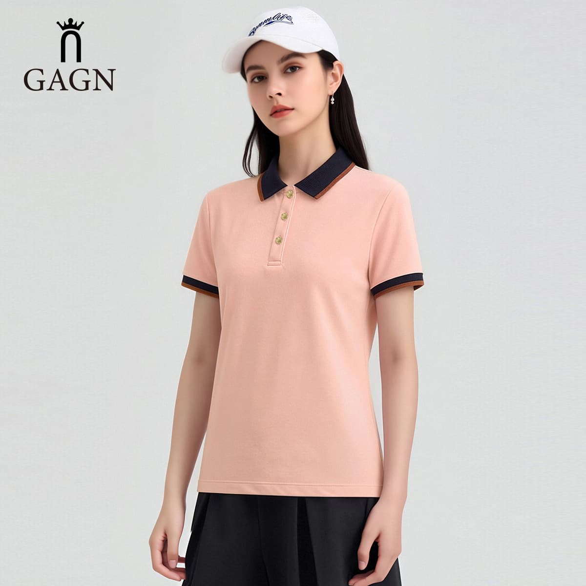 GAGN Pique Cotton Basic Pink Short Sleeve Polo Shirt Women's Summer New Casual Versatile Z Contrast Color Collar T-Shirt