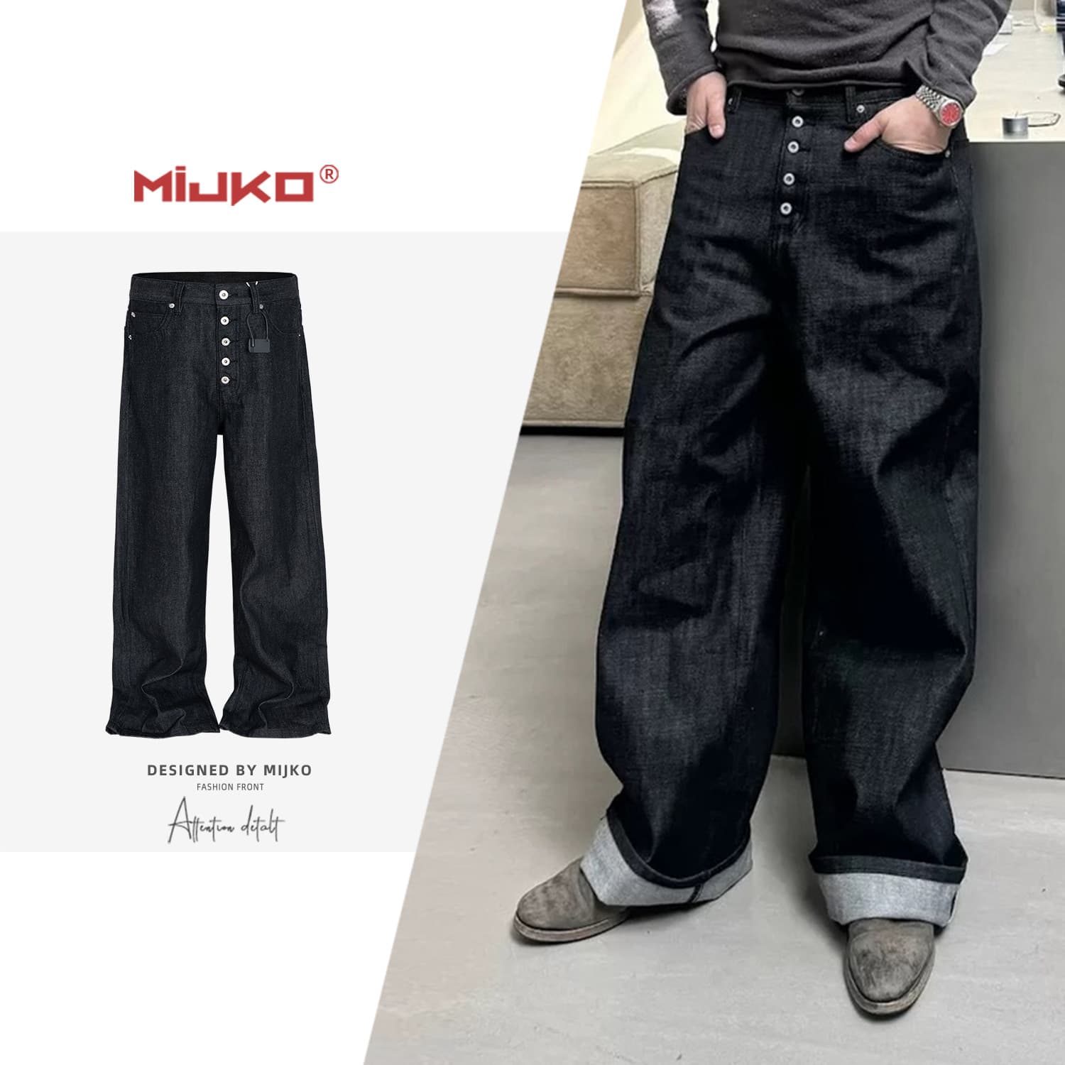 MIJKO Unisex Curved Blade Baggy Raw Denim Jeans Straight Leg Long Pants