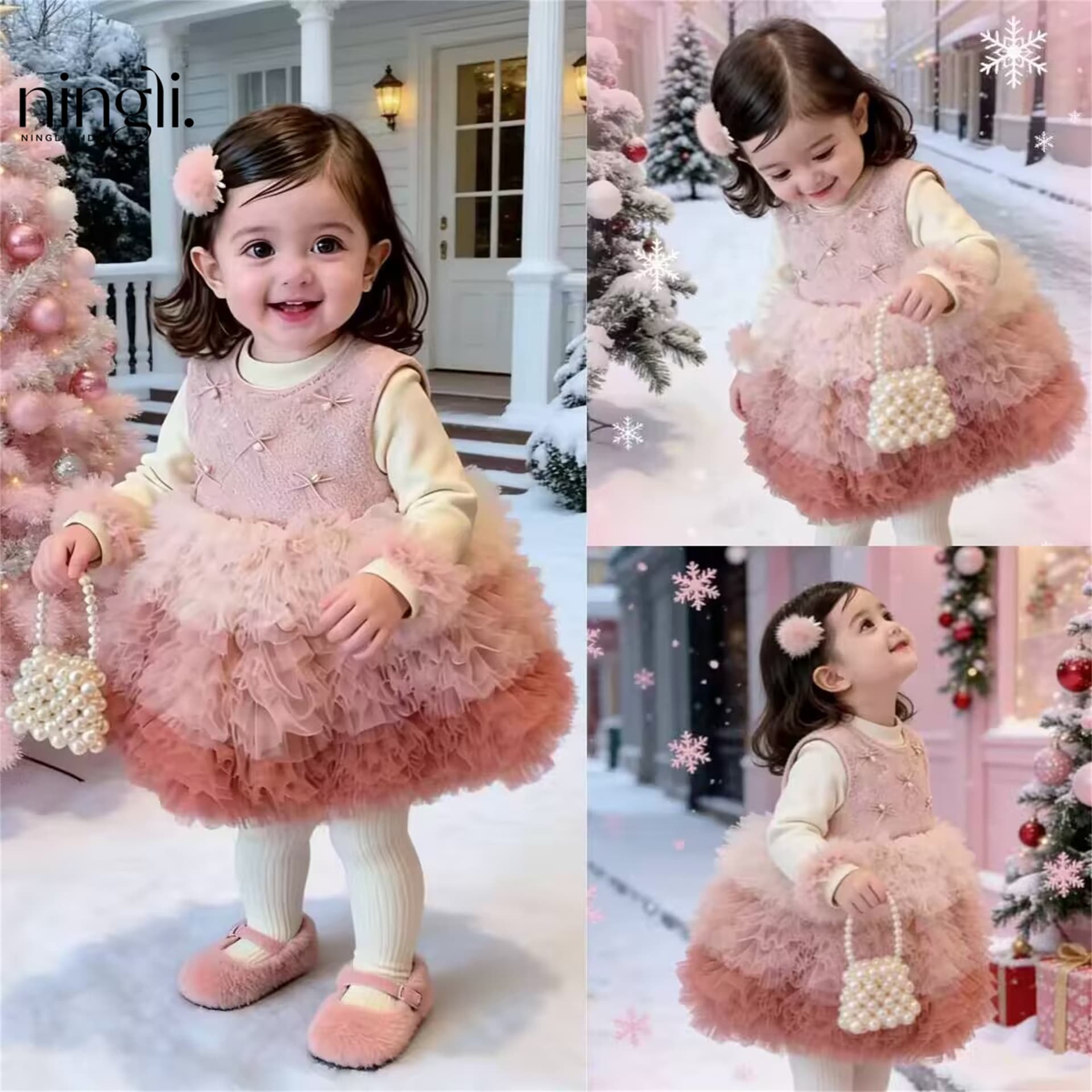 Ningli High-End Girls' Birthday Princess Dress, Winter Elegant New Year Tutu Skirt