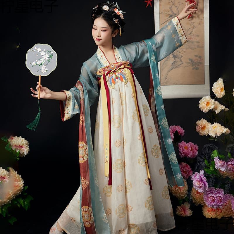 Hanfu for women, adult style, ancient Tang Dynasty style, high-waisted ruqun (a type of traditional Chinese dress), complete set, best friend style, one-piece printed dress, spring/summer style.