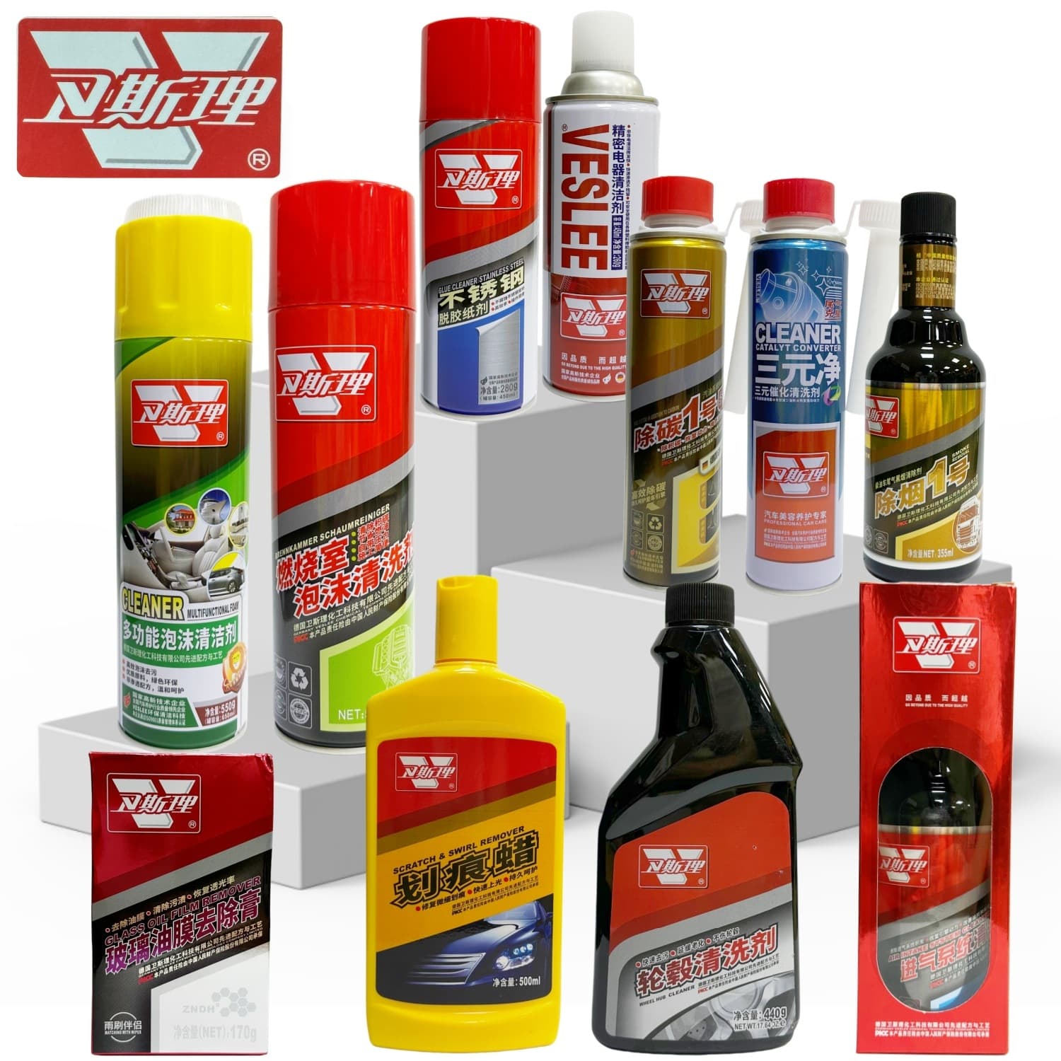 Wesley Foam Cleaner, Adhesive Remover, Dashboard Wax, Tire Brightener, Air Conditioner Cleaner, Cement Remover, Wiper Fluid
