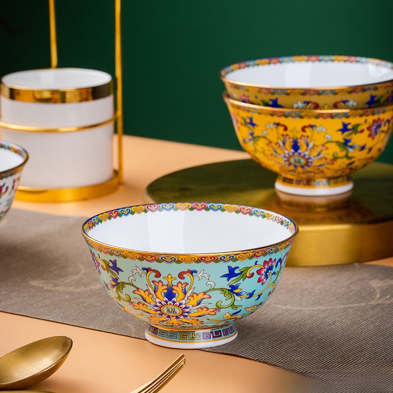 Enamel Colored Porcelain Bowl, Household Ceramic Bowl, New Style Palace-Style Noodle Bowl, Bone China Rice Bowl, Chinese-Style Tableware