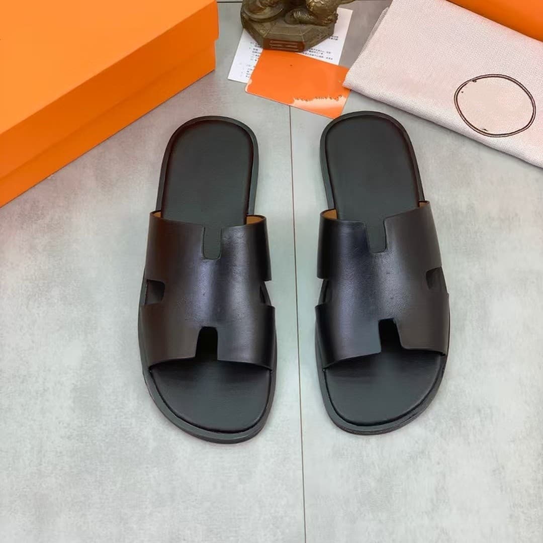Cross-border Brand Slippers European Luxury H-style Genuine Leather Outdoor Beach Flat Sandals for Men