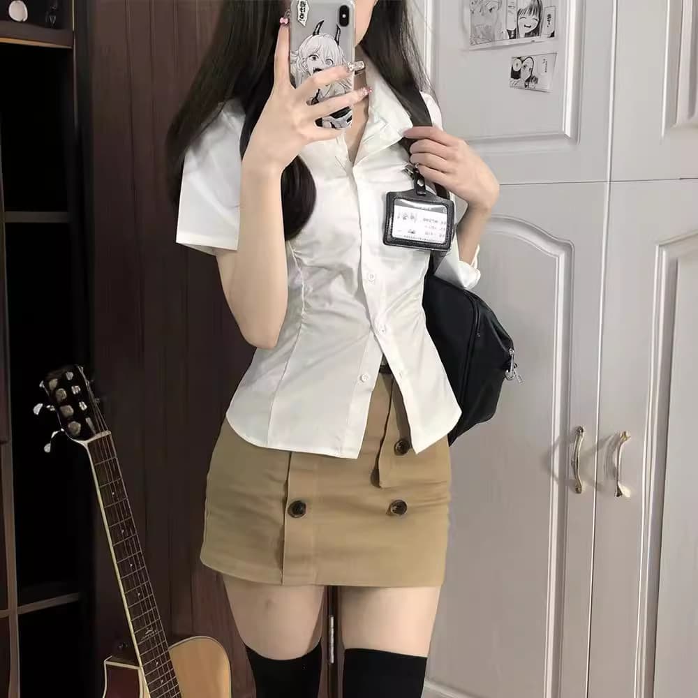 2024 Summer New Hot Girl Pure Desire JK Waist-Cinching White Blouse Women's Design Button Half-Body Pencil Skirt Set