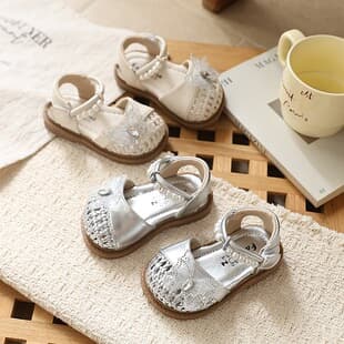 Toddler Girls Closed-Toe Pearl Woven Butterfly Bow Sandals 2026 Summer New Fashion Versatile Flat Sandals