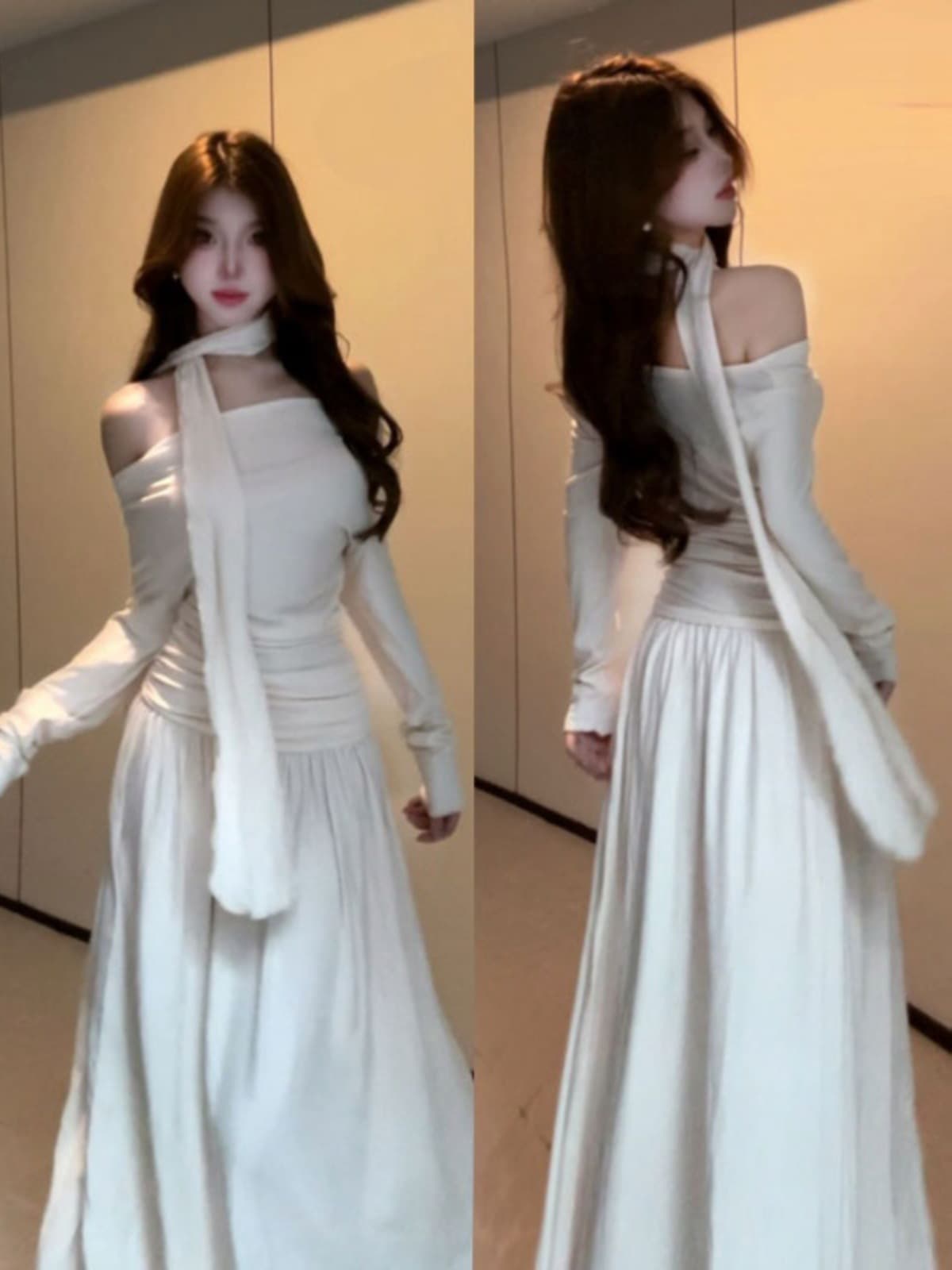 French temperament, this year's popular skirt-like halter neck, long-sleeved, swung collar, one-shoulder dress is super pretty
