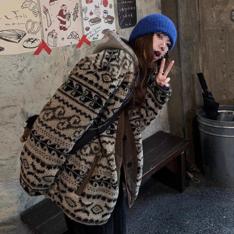 Fair Isle Print Lamb Wool New Autumn Winter Warm Coat Fluffy Retro Lazy Style Coat