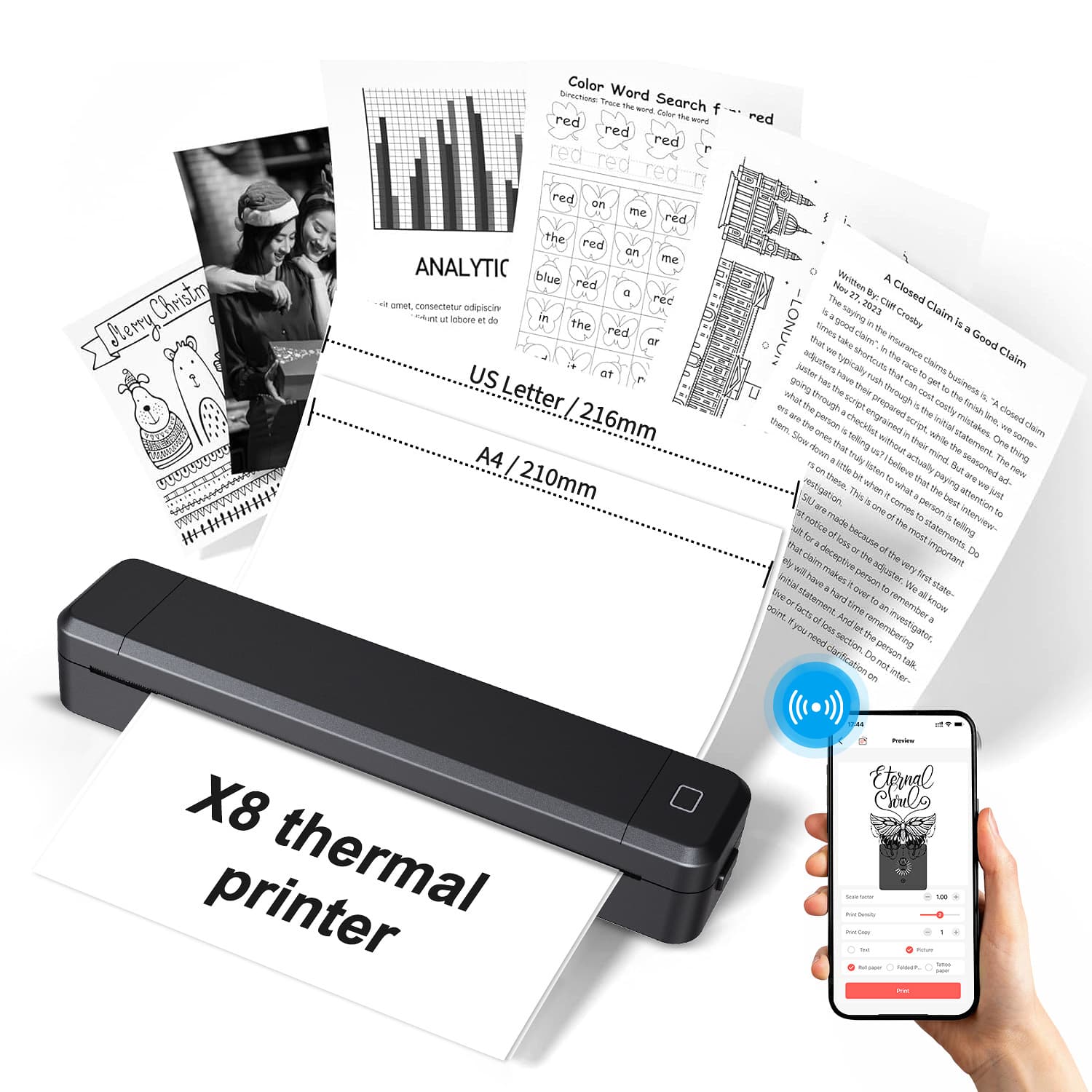 2-in-1 Inkless Thermal Printer Supports Tattoo Paper and Thermal Folded Paper, 2-in-1 A4 Bluetooth Printer