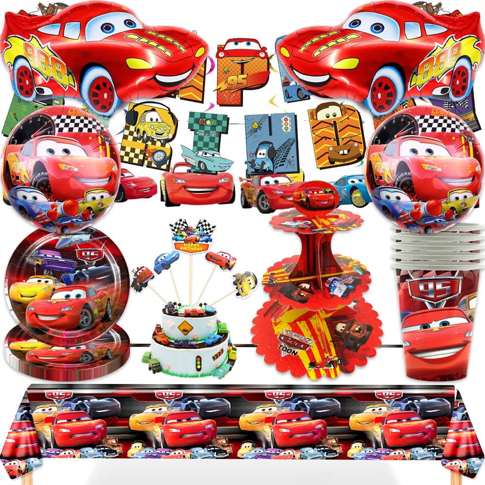 Cars Lightning McQueen Party Disposable Tablecloth Gift Bags Paper Plates Paper Cups Pennant Cake Stand