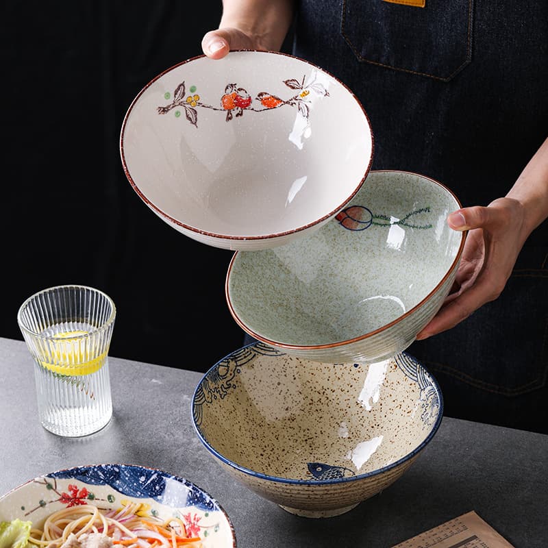 8-inch ceramic bamboo hat bowl, soup bowl, large bowl, underglaze color salad bowl, couple bowl, Japanese ramen bowl, noodle bowl
