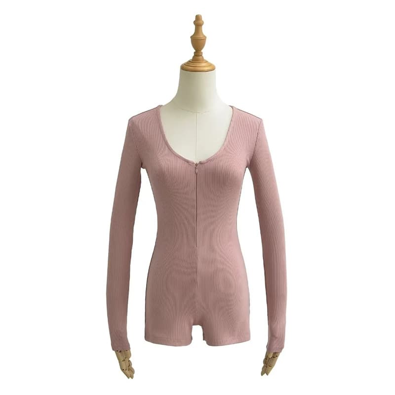 Niche V-Neck Hot Girl Half-Zip Long Sleeve Jumpsuit Shorts for Women, Elastic Tight Outerwear Bottoming Top