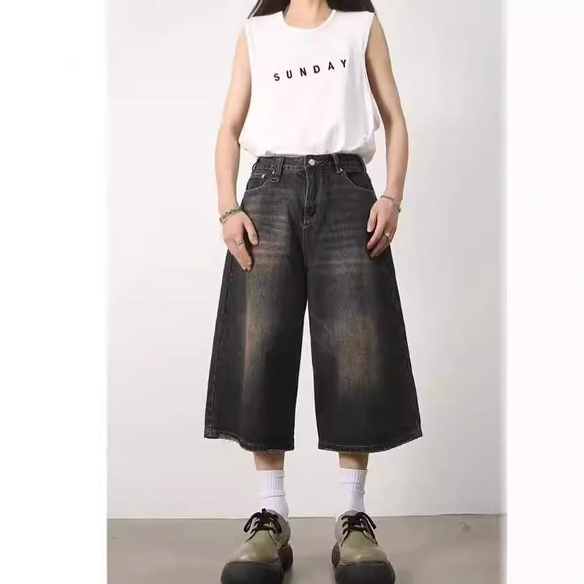 Baggy Jeans Summer Loose Fit Washed Vintage Distressed Cropped Straight Denim Shorts for Men Export Fashion