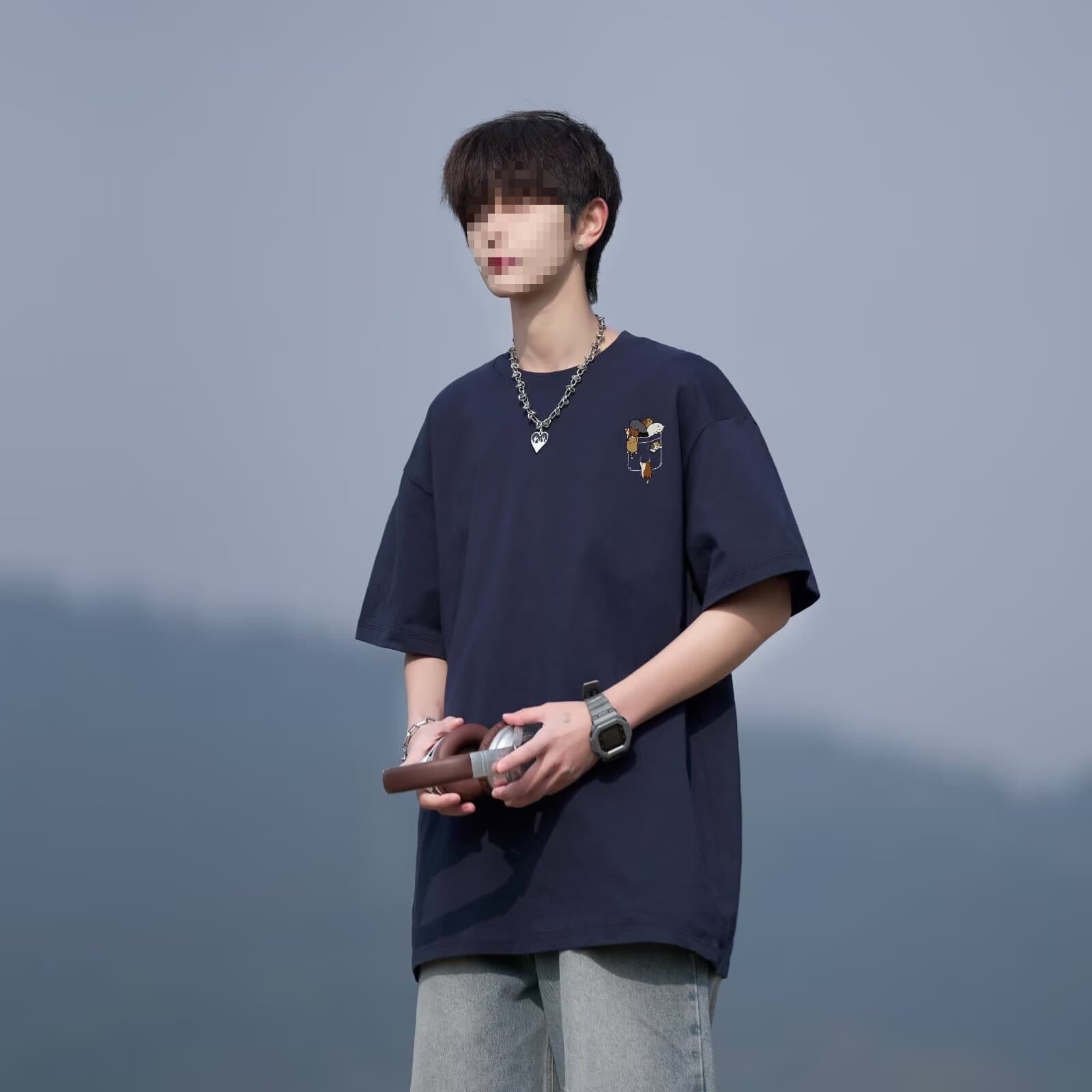 WASSUP Cartoon White Anime Short Sleeve T-Shirt Men Summer Loose Heavyweight Chinese Trendy Couple Tee Shirt