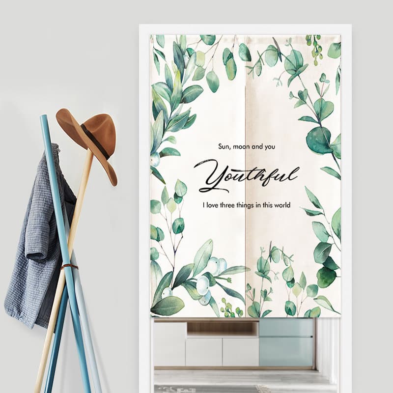 Green Plant Fabric Door Curtain for Home Room Divider, Kitchen Bathroom Half Curtain Short Curtain Feng Shui Curtain