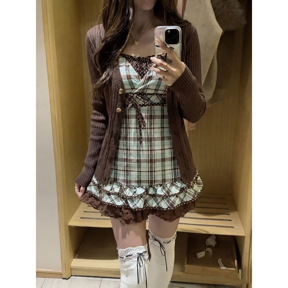 Dark Chocolate Mint Vintage Cardigan + Camisole + Skirt Sweet Three-Piece Set Summer New Trendy