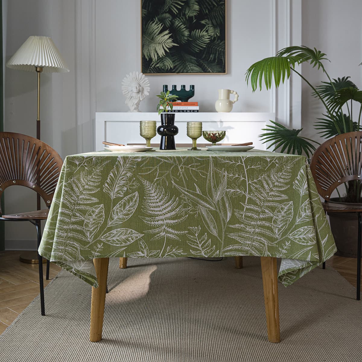 YMQY American Style Sketch Leaf Tablecloth Green Long Rectangle Fabric Art Dustproof Decorative Dining Table Cover