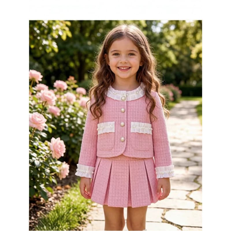 2026 Autumn New Korean Style Girls Small Fragrance Skirt Suit Girls Pink Short Skirt Two-piece Set Long Sleeves