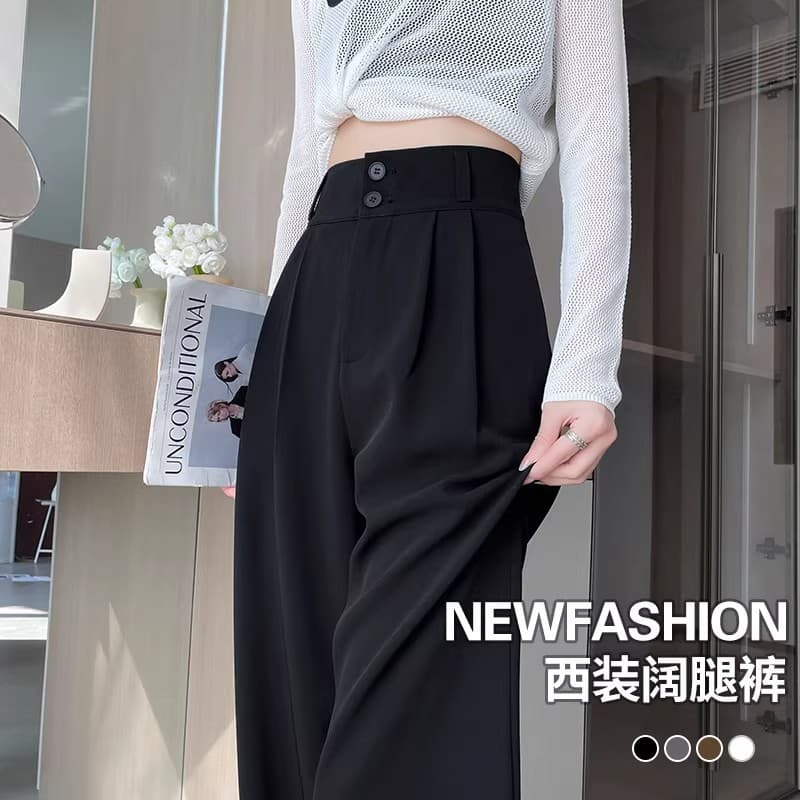Narrow straight wide-leg pants for women spring and summer new style small high-end drape black high-waisted double-breasted suit pants