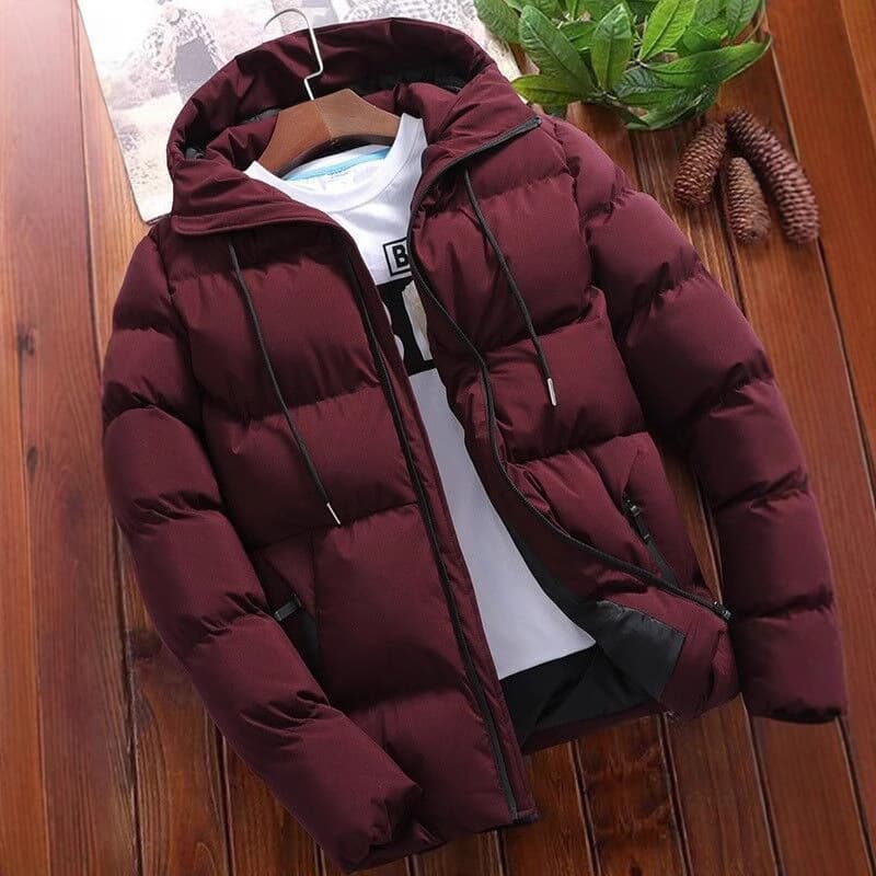 Men's Winter Cotton Jacket Short Thick Warm Stylish Hooded Quilted Polyester Fiber Coat Casual Zipper Closure Solid Color