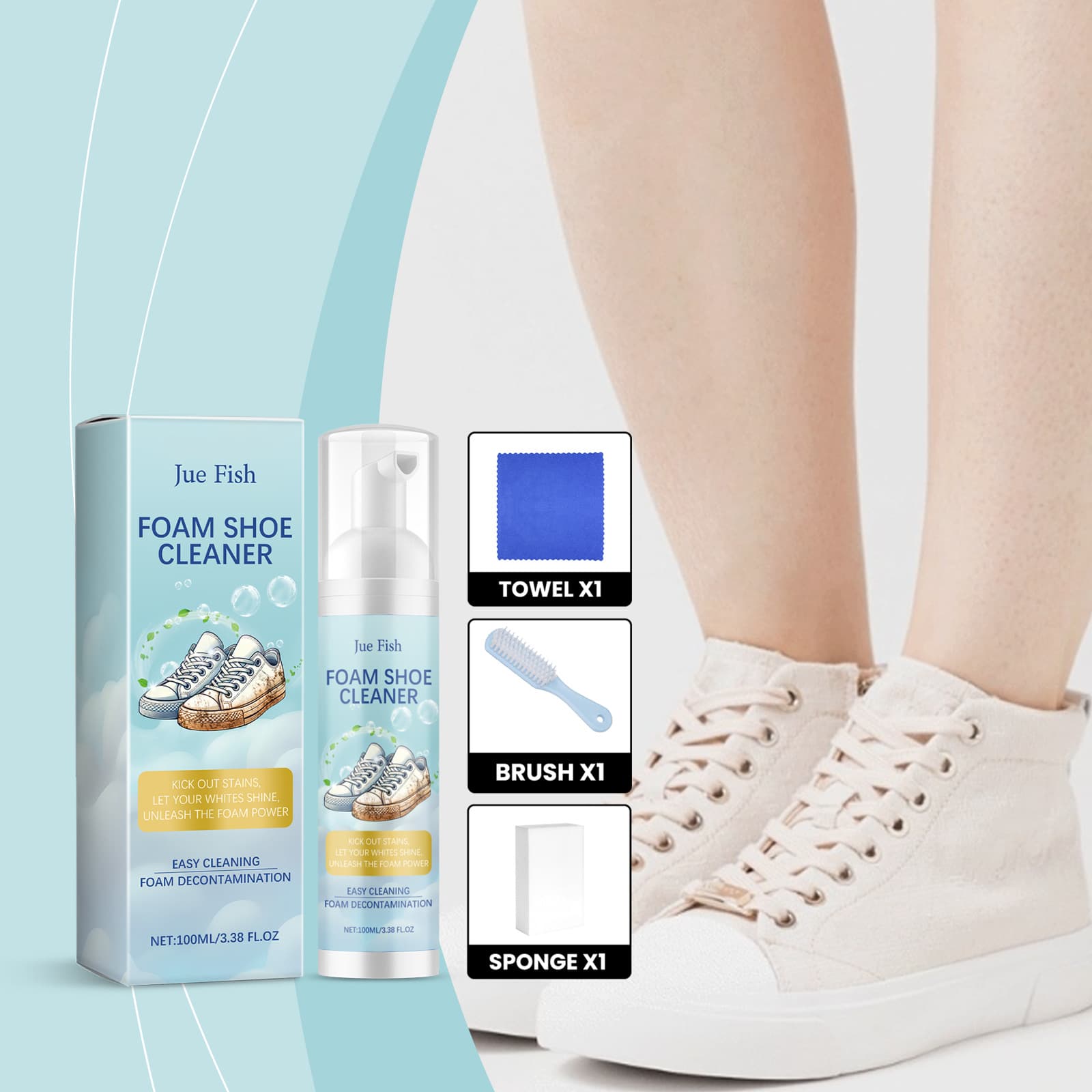 Jue Fish White Sneakers Foam Cleaning Kit - Foam Cleaner for Stain Removal and Decontamination of Athletic Shoes and White Sneakers