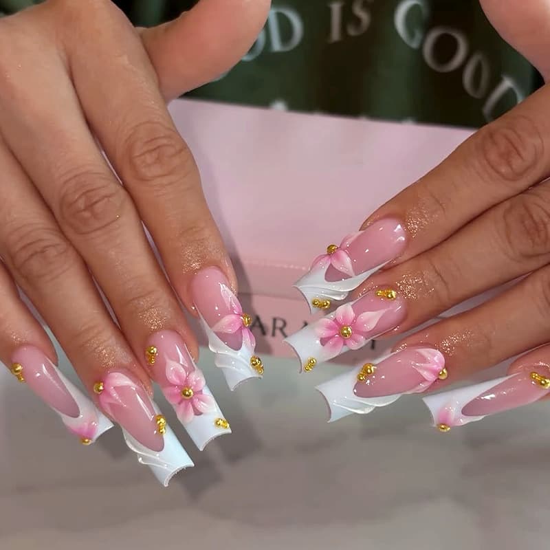Cross-border Europe and America Rectangular False Nails 3D Wave Texture Pink Flowers Press-on Nails Premium False Nails 24 Pieces