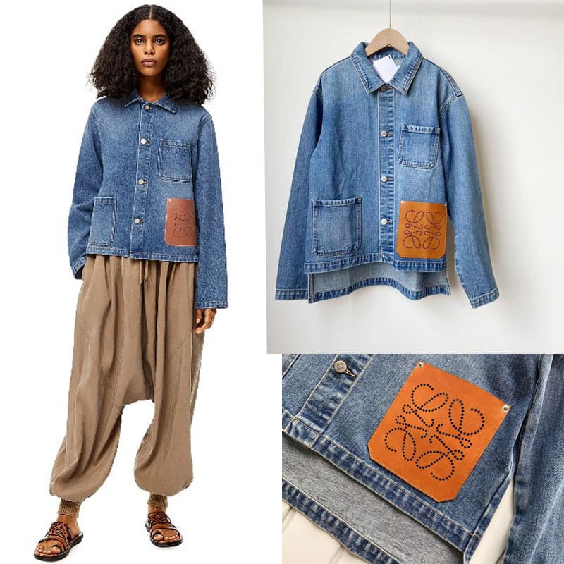 Autumn new LO Luoyi patchwork leather hollow logo pocket versatile casual denim jacket blue women's denim jacket
