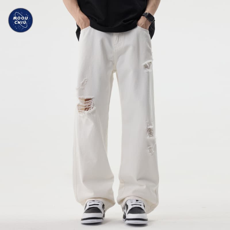 Muchiu Men's Wear | American High Street White Ripped Jeans Men's vibe style loose straight cotton casual pants
