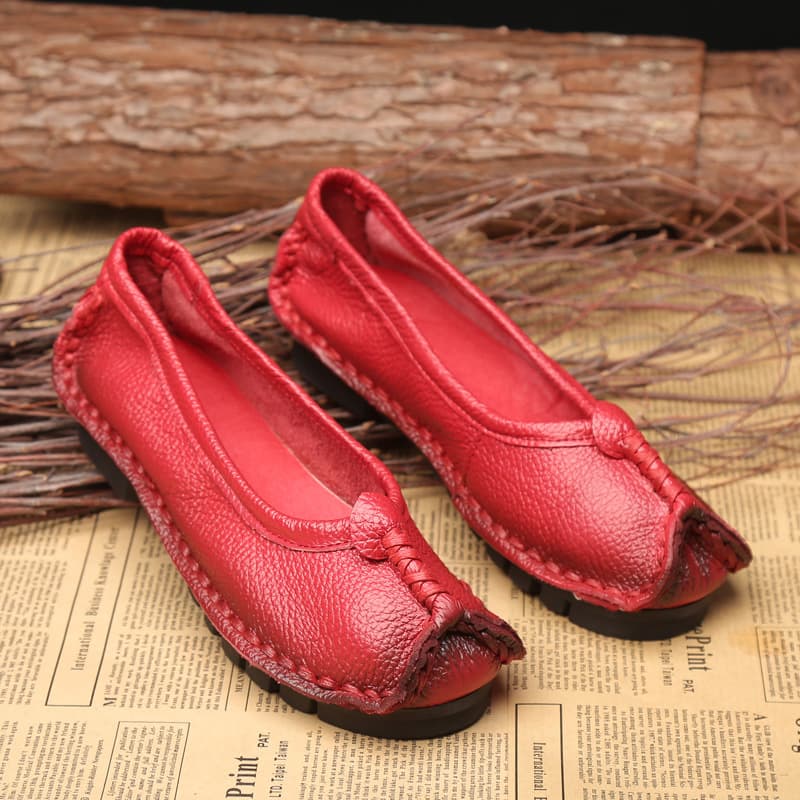 Original Artistic Women's Leather Shoes, Round Toe, Handmade Casual Shoes, Vintage Flat Real Leather Shoes for Women, Four-Season Shoes