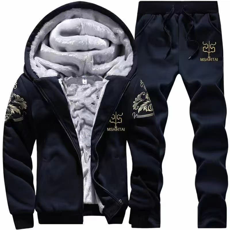 Winter Fleece-Lined Thick Men's Casual Hoodie Set with Hooded Jacket