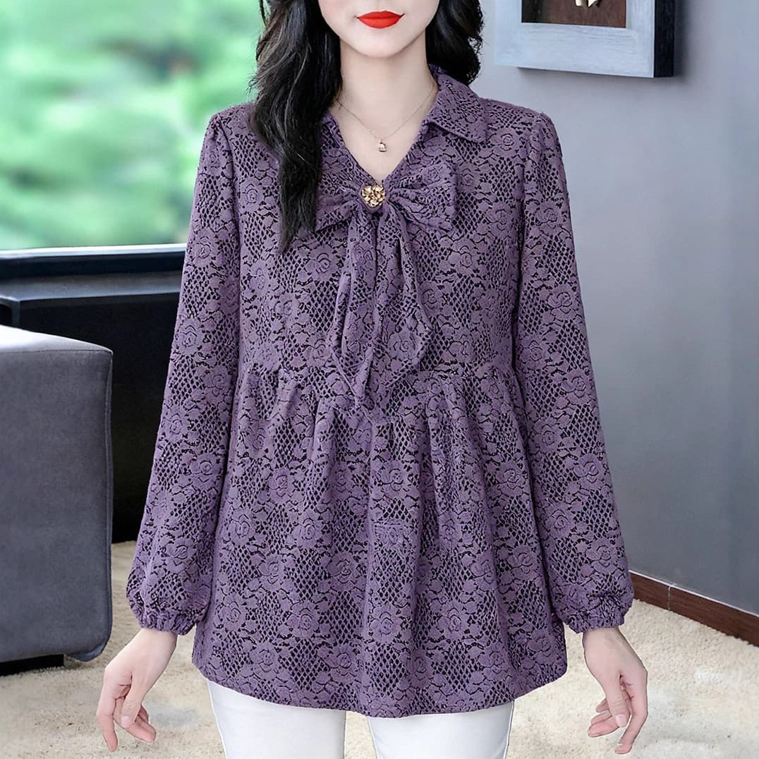 2025 Autumn/Winter Elegant Lace Bow-Tie New Fashionable Lace Long-Sleeved High-End Shirt Top for Plus Size Women
