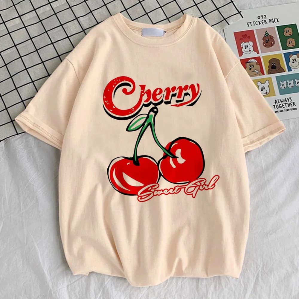 Cross-border Cherry Theme Printed Women's Loose Short Sleeve T-Shirt Sweet Girl Style American Retro Casual Top