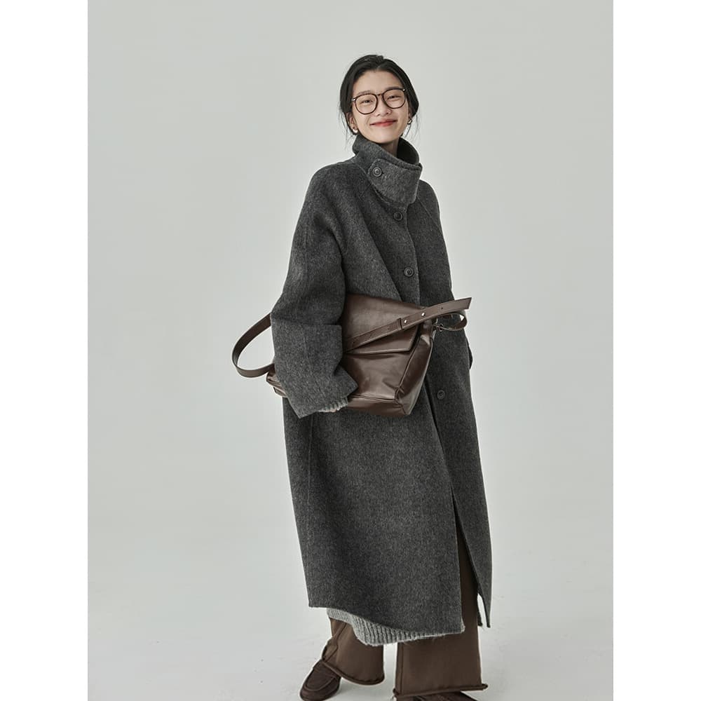 HAVERICE Classic Squid Coat Premium Double-Faced Wool Coat for Women, Autumn/Winter Gray Wool Outerwear