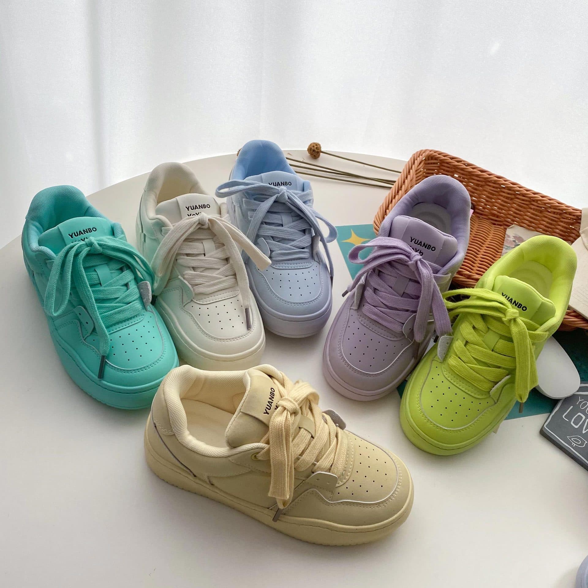 2025 Spring Dopamine Color Casual Lace-Up Board Shoes for Women, Academic Style Round Toe Low-Top Single Shoes Thick-Soled Shoes 6017