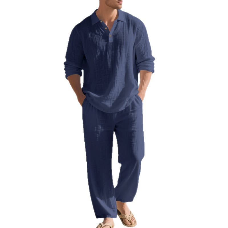 Cross-border Men's Linen Breathable Comfortable Casual Loose Long Sleeve and Long Pants Set