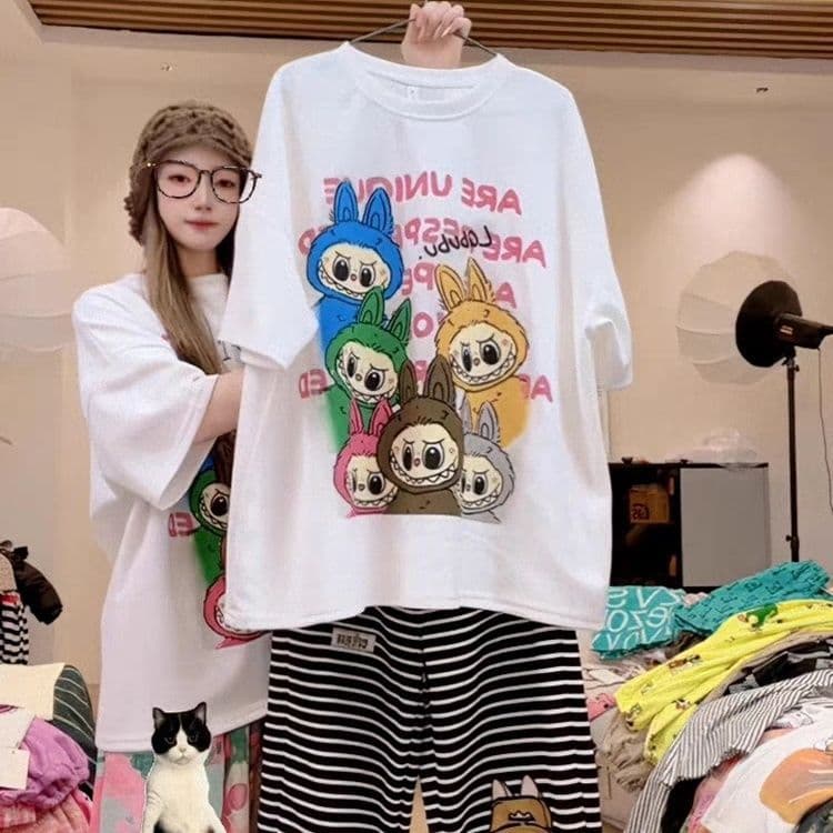 Trendy cute anime print round neck pure cotton short sleeve t-shirt for women, loose oversized style streetwear