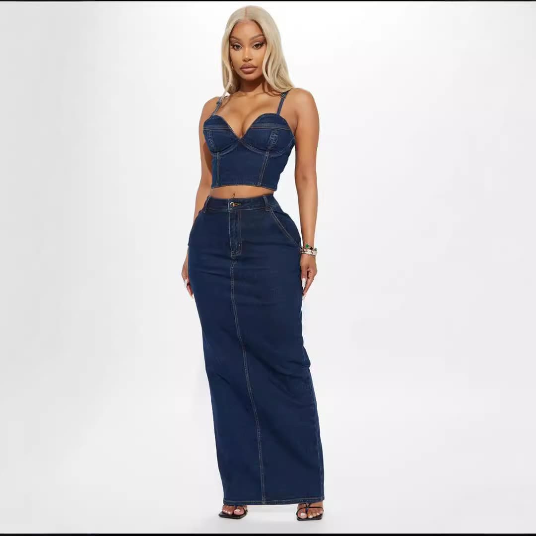 Cross-border foreign trade European and American autumn new women's denim dark sexy suspender long skirt dress denim suit for women