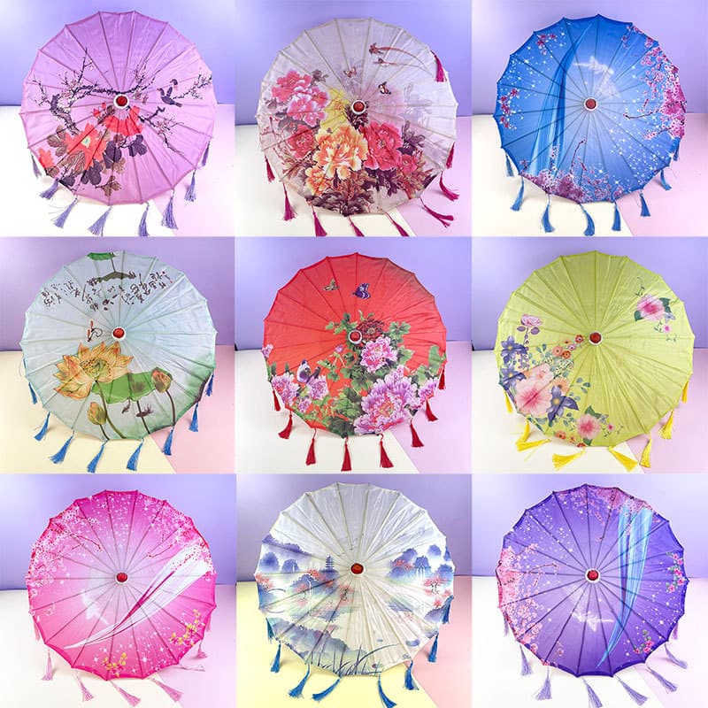 40cm Children's Dance Performance Umbrella Chinese Style Ancient Costume Hanfu Printing Tassel Craft Umbrella Sun Protection Silk Umbrella