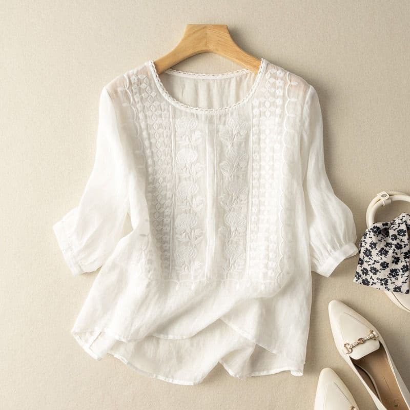 Summer Thin Embroidered Top Women's Artistic Retro Breathable Cotton and Linen Short-Sleeved T-Shirt Round Neck