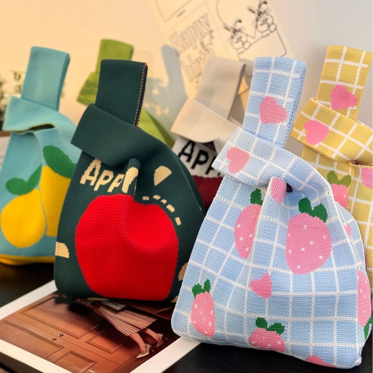 Summer New Style Ins Fruit-Themed Knitted Tote Bag for Work, Commuting, Outings, and Carrying Children, Cloth Handbag, Gift