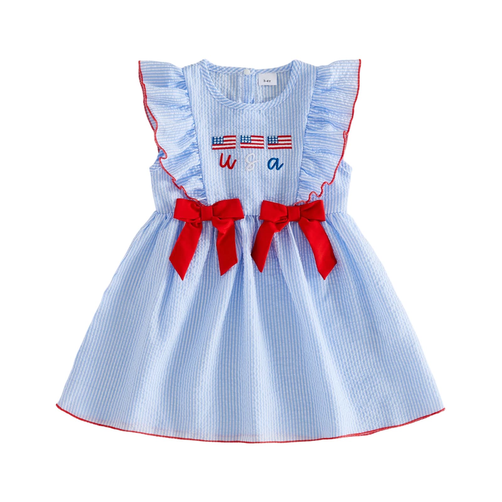 Girls Summer Independence Day Dress, Blue and White Striped USA Flag Embroidery, Butterfly Sleeve Bow Princess Dress