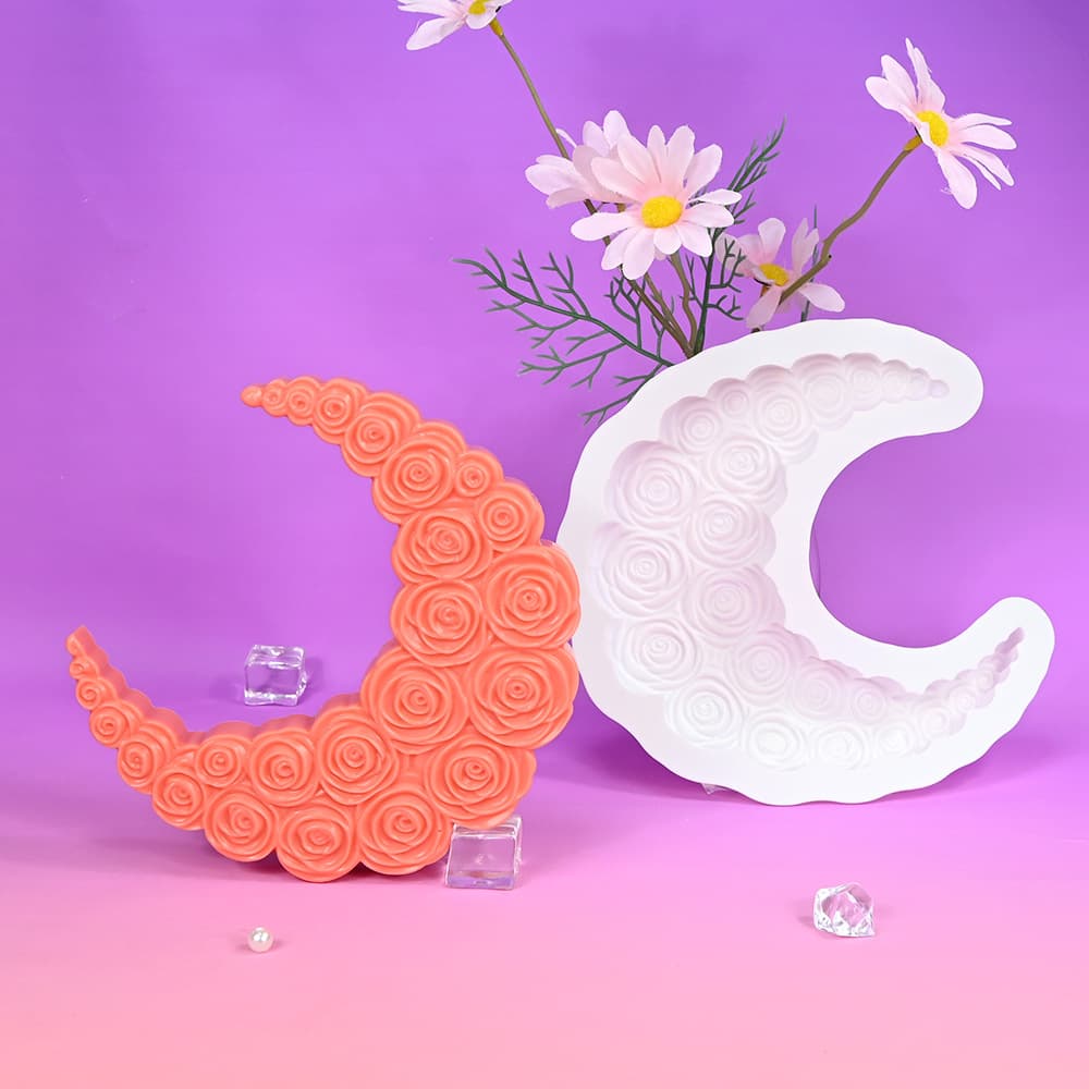 Valentine's Day Single Rose Moon Mousse Cake Mold Crescent Aromatherapy Candle Gypsum Ornament Silicone Mold