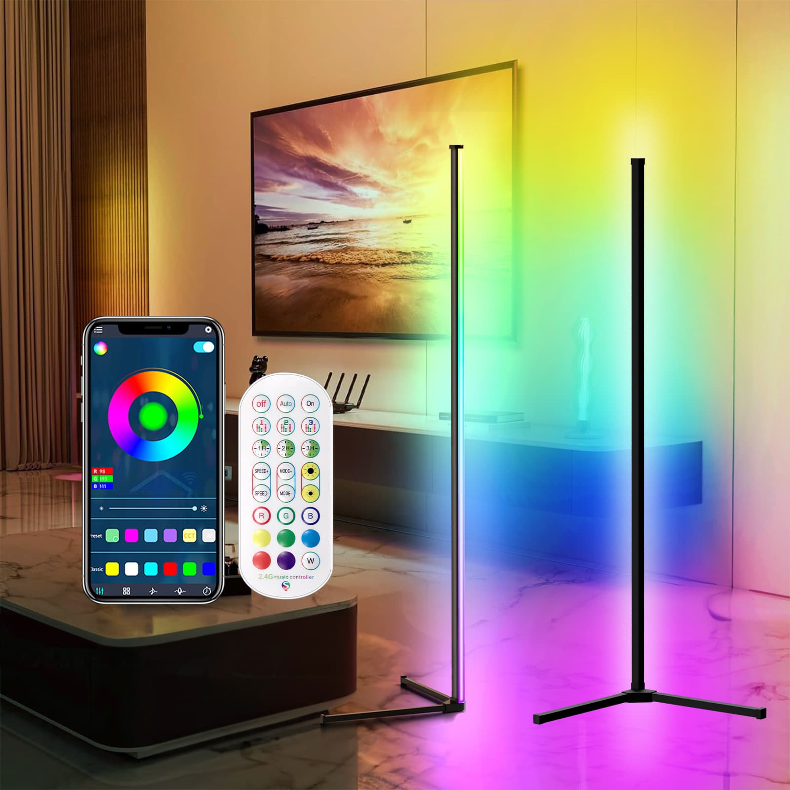 Factory Wholesale RGBIC Colorful Floor Lamp Corner Light Three-Section Splice Bluetooth LED Gaming Pickup Ambient Light