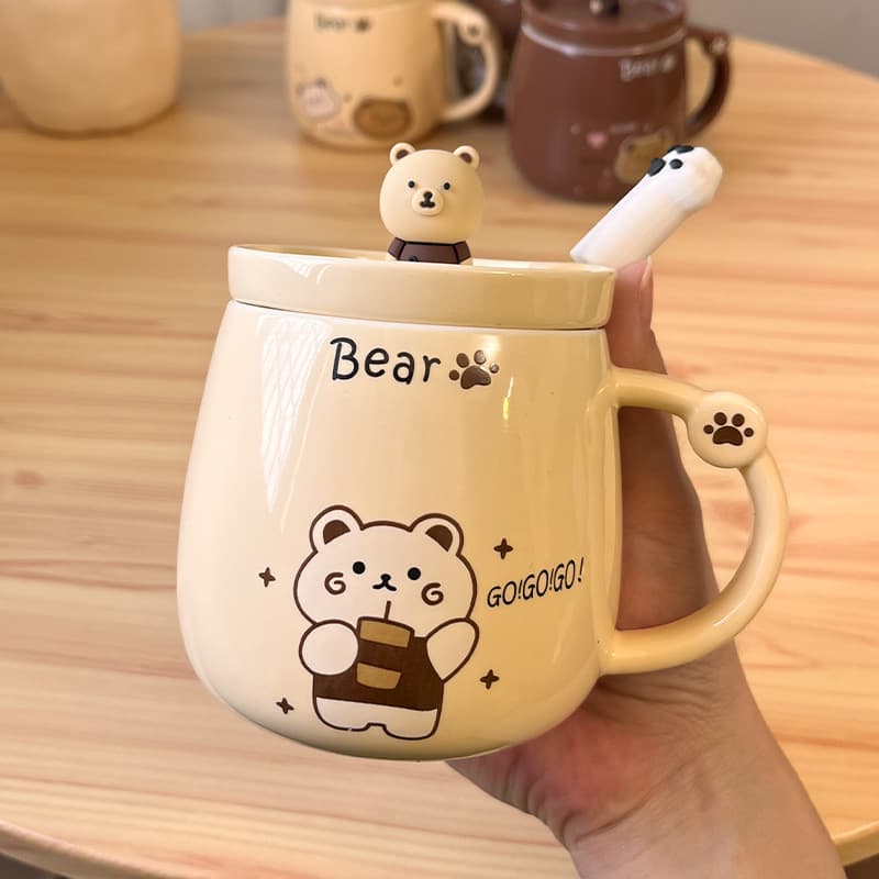 Cartoon Bear Water Cup Mug with Lid and Spoon Cute Ceramic Cup Student Breakfast Couple Creative Birthday Gift