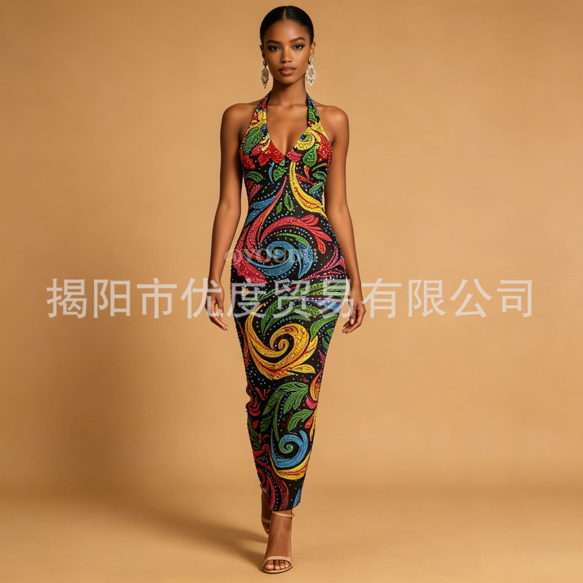 Designer Handcrafted Rhinestone Sparkly Dress Cross-border Party Red Carpet Stage Performance Sexy Halter Neck Dress Lucky Flower