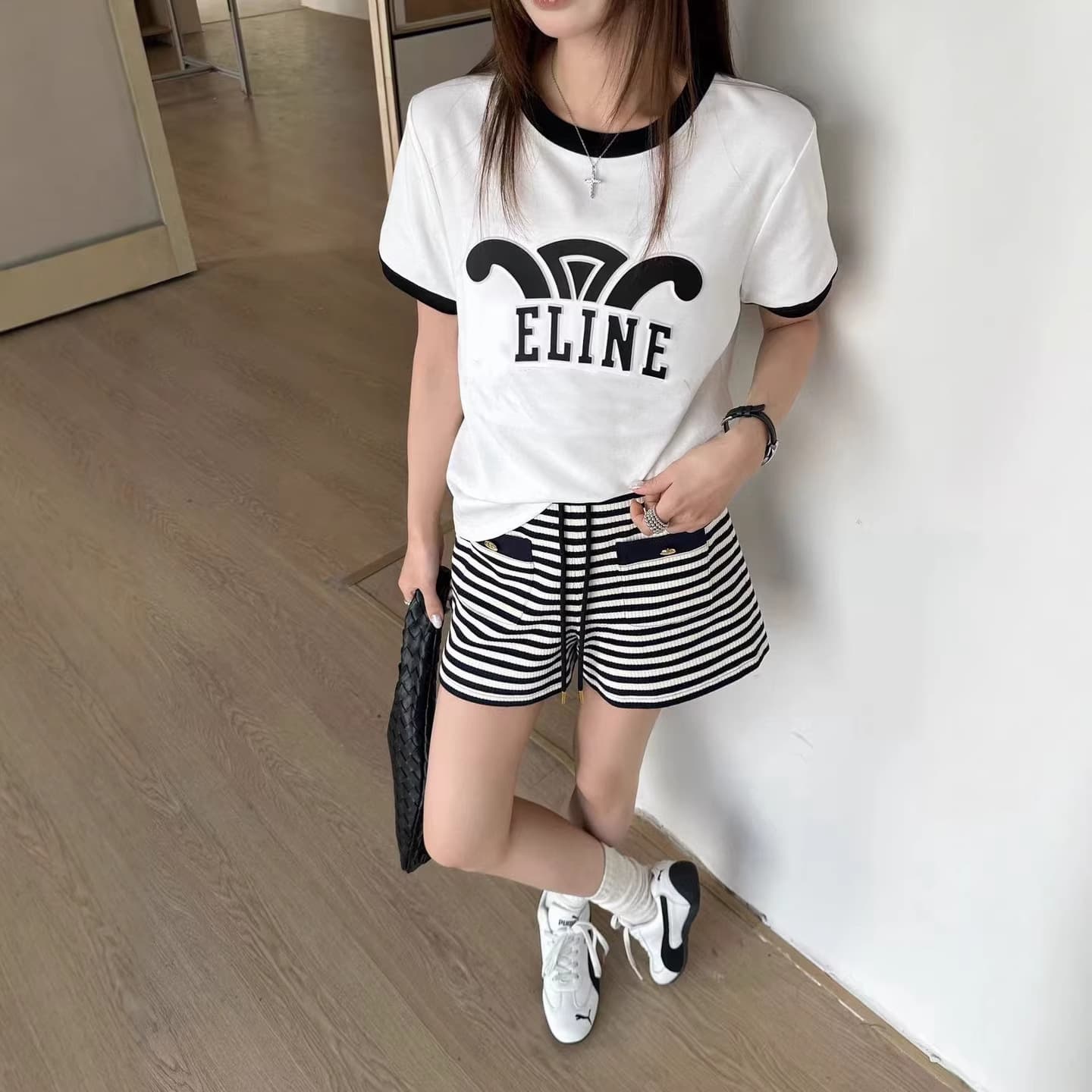 Shenzhen Nanyou 26 Spring/Summer Ce Women's Color-Block Short Sleeve T-Shirt with Letter Embossing, Round Neck, Casual Versatile Base Shirt